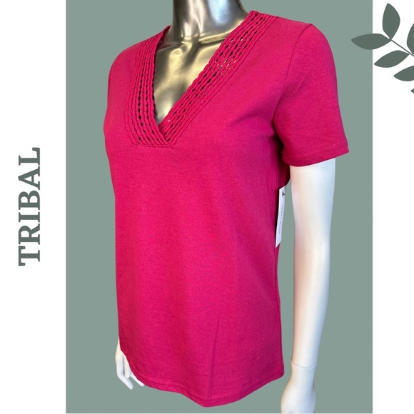 Tribal Fancy Crochet Shirt Sleeve T Shirt Color Daiquiri Fuschia Pink - Picture 3 of 5